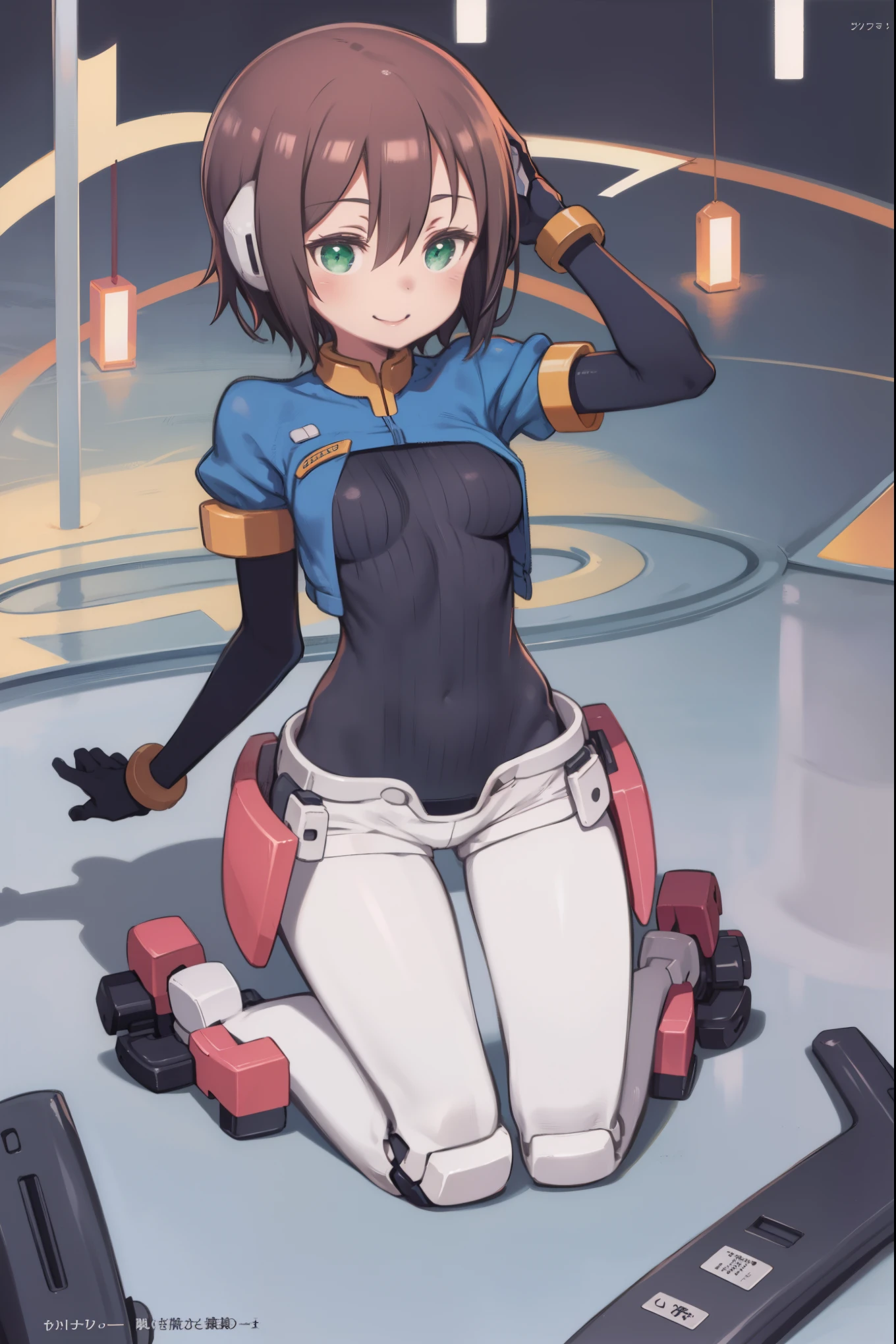 aile_megamanzx, kneeling with one hand on the ground and the other arm raised, 1girl, solo, short hair, brown hair, short sleeves, (bodysuit), robot ears, green eyes, very_short_shorts, short sleeves, short over long sleeves, smile, in futuristic city, , high quality, medium_breasts,crotch, slouch,groin,solo