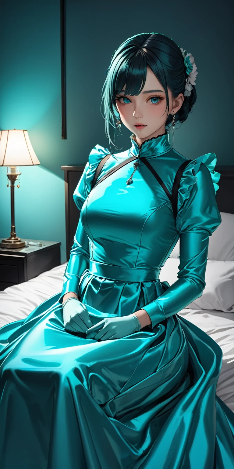 Portraiture、(masterpiece,Highest quality,Ultra-high resolution),Japanese women, (((A very beautiful 25 year old)))、(She is wearing a long-sleeved maid outfit made of shiny turquoise satin..)、The dress has a simple design without any patterns.....、(((Long skirt made of turquoise satin.)))、Turquoise satin gloves、((Turquoise satin bodysuit))、Sitting on a bed in a dark room