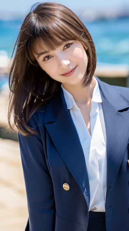 Highest quality, masterpiece, Realistic, RAW Photos, High resolution, Intricate details,Very detailed, Japanese Beauty, Attractive eyes, (Periorbital puffiness), Straight hair, Bright smile, Asymmetrical bangs, Light brown hair, Bob Hair,  (A dark navy double-breasted blazer:1.3), (White shirt with navy blue tie), (Navy blue tight skirt), Black pumps,  (firm and youthful breasts), G-cup breasts, Translucent white skin, (Breasts are exposed:1.5), (Nipples are exposed:1.3), background, harbor, blue sea, 8k, full body