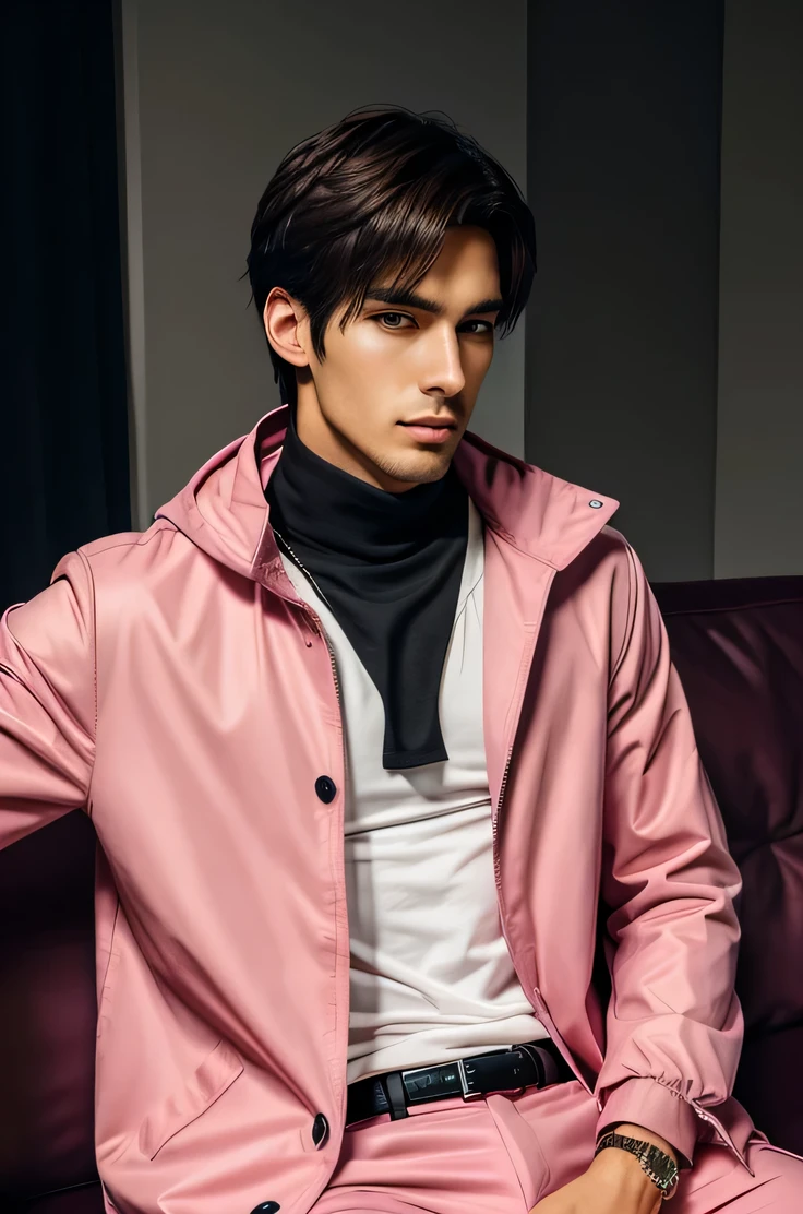 25 years old man anime, pink coat, high neck t shirt, sitting on couch, back ground dark theme, tall and handsome