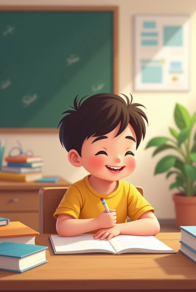 Drawing Child studying sitting at school desk with books and smiling simple and without many elements