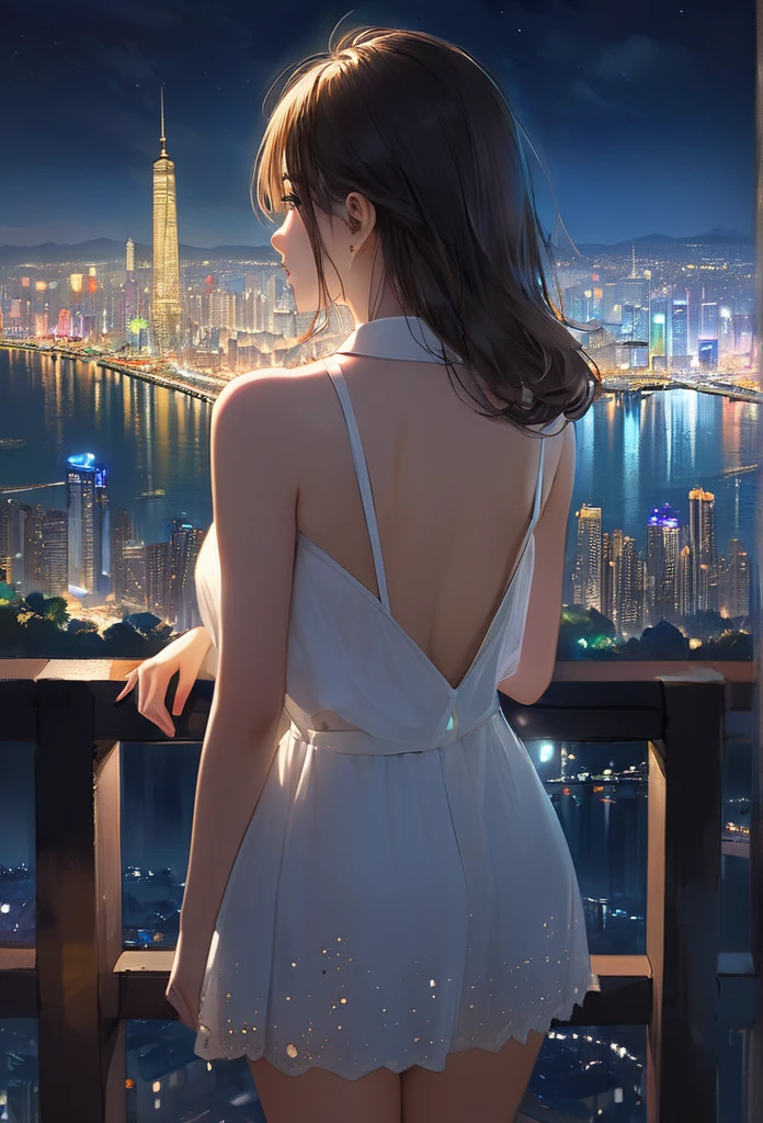 (masterpiece, Highest quality:1.2), beautiful city view, girl standing looking at the view, shining city at night, back view of a girl