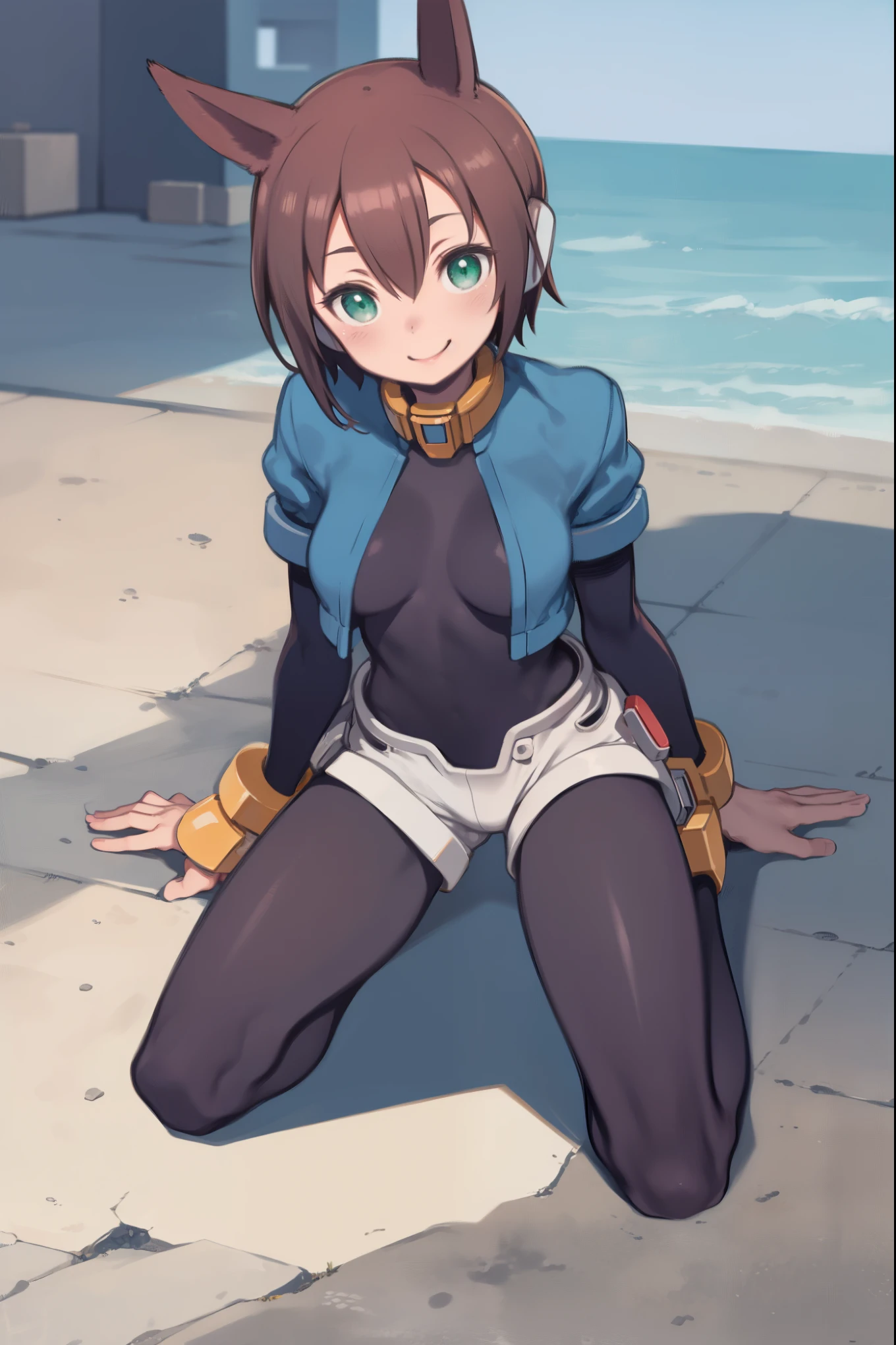 aile_megamanzx, kneeling with one hand on the ground and the other arm raised, 1girl, solo, short hair, brown hair, short sleeves, (bodysuit), robot ears, green eyes, very_short_shorts, short sleeves, short over long sleeves, smile, in futuristic city, , high quality, medium_breasts,crotch, slouch,groin,solo