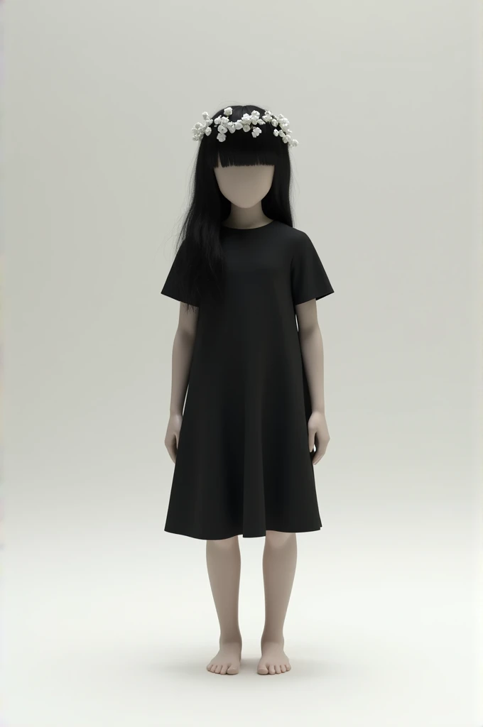 Roblox character with black hair, a white flower headband, no face, a short black dress, and no shoes.