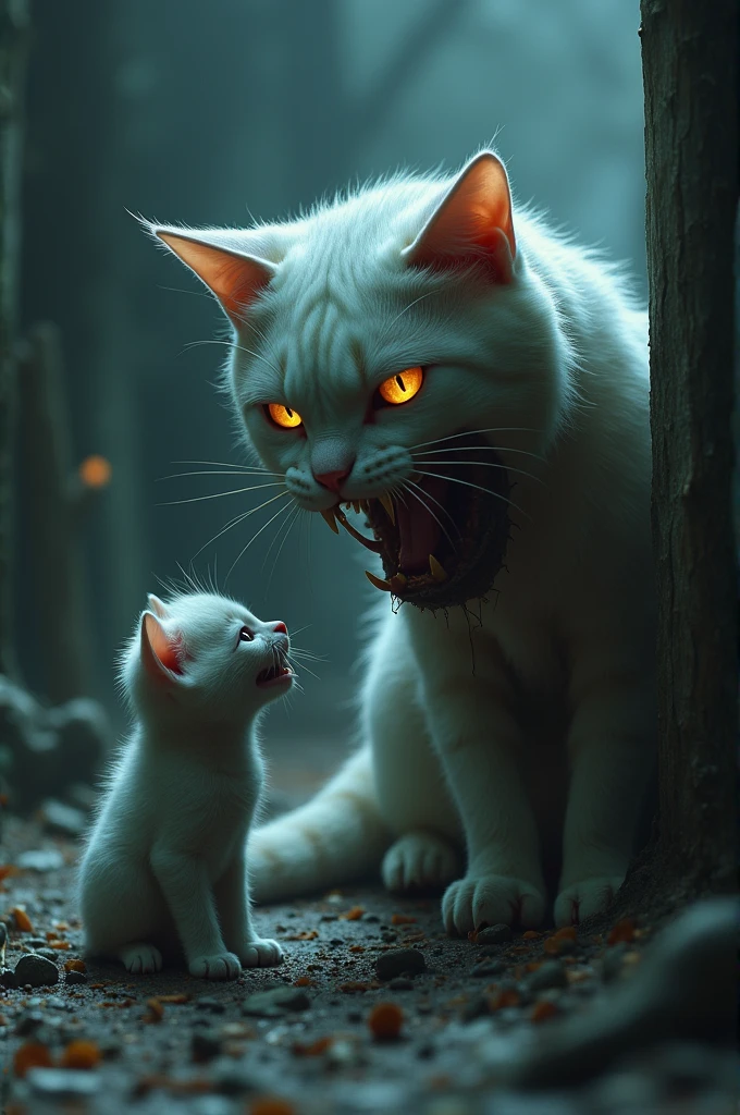 A white mother cat is being bitten by a zombie in a dark, eerie setting. The surroundings are filled with darkness and shadows. Nearby, a kitten is watching the horrifying scene and crying in fear."