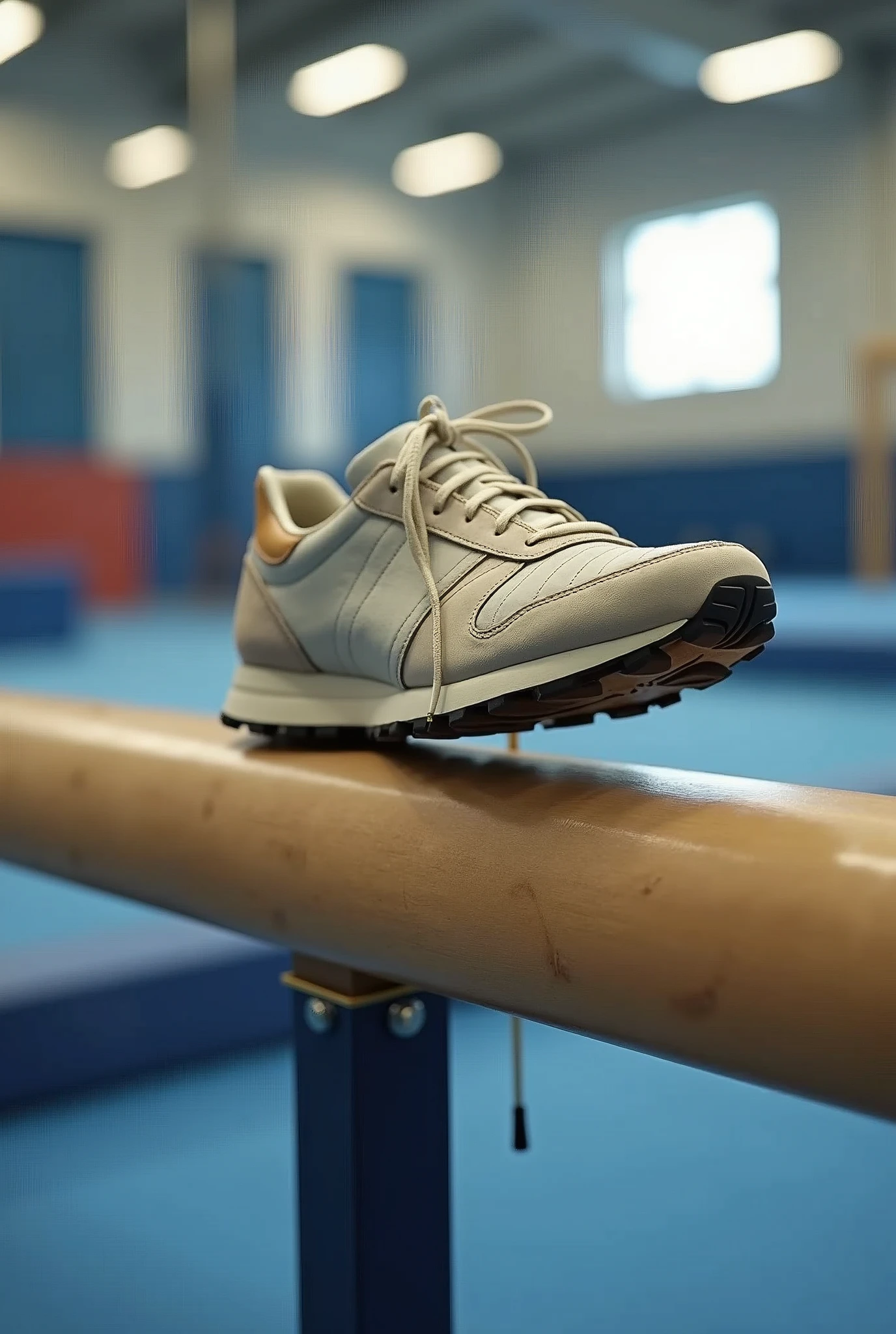 SOCCER SHOE ON TOP OF A GYMNASTICS BEAM