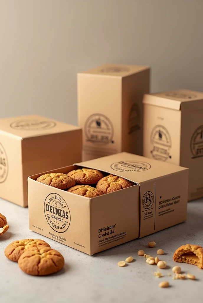 (photorealism:1.2), Shows boxes with good packaging and packing WITH TAPE FOR TRANSPORTING and with instructions on how to handle the box. But these boxes should have the company name "DELICIAS GOURMET SA" that makes whole grain cookies with nuts