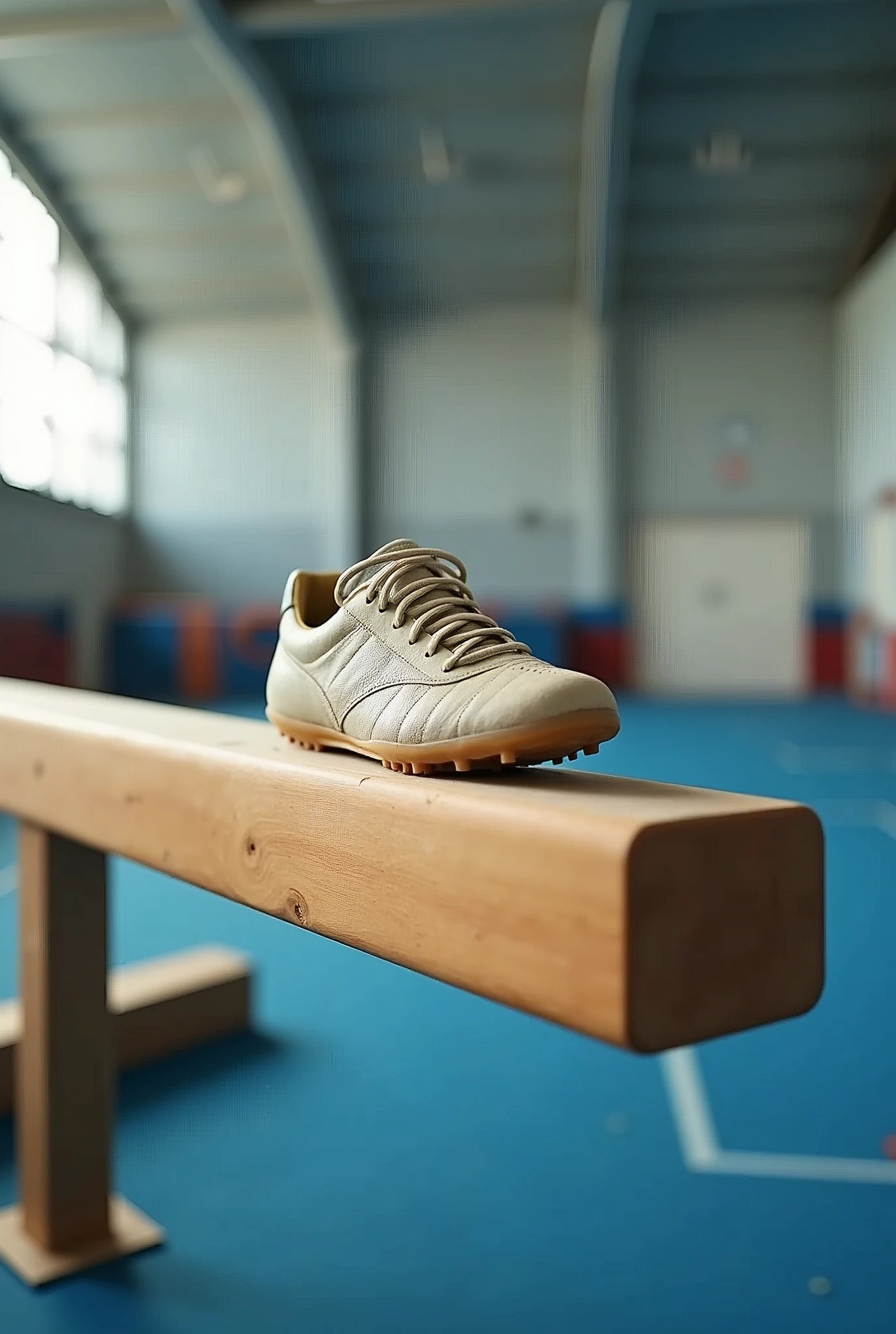 SOCCER SHOE ON TOP OF A GYMNASTICS BEAM