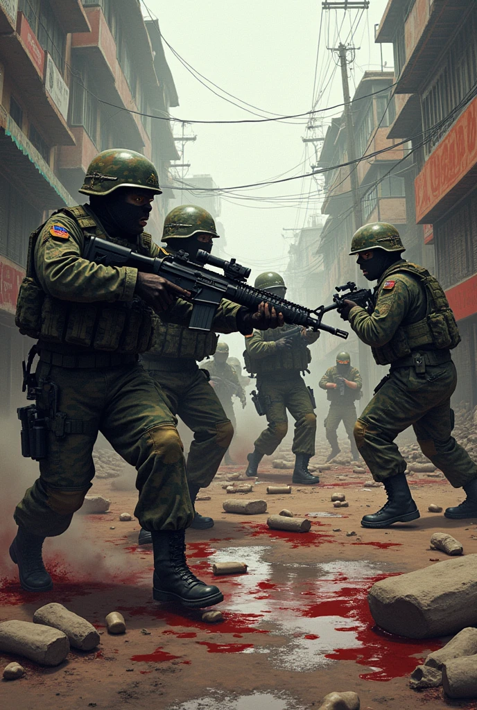 5 army killing people in Bangladesh with guns , easy drawable outline