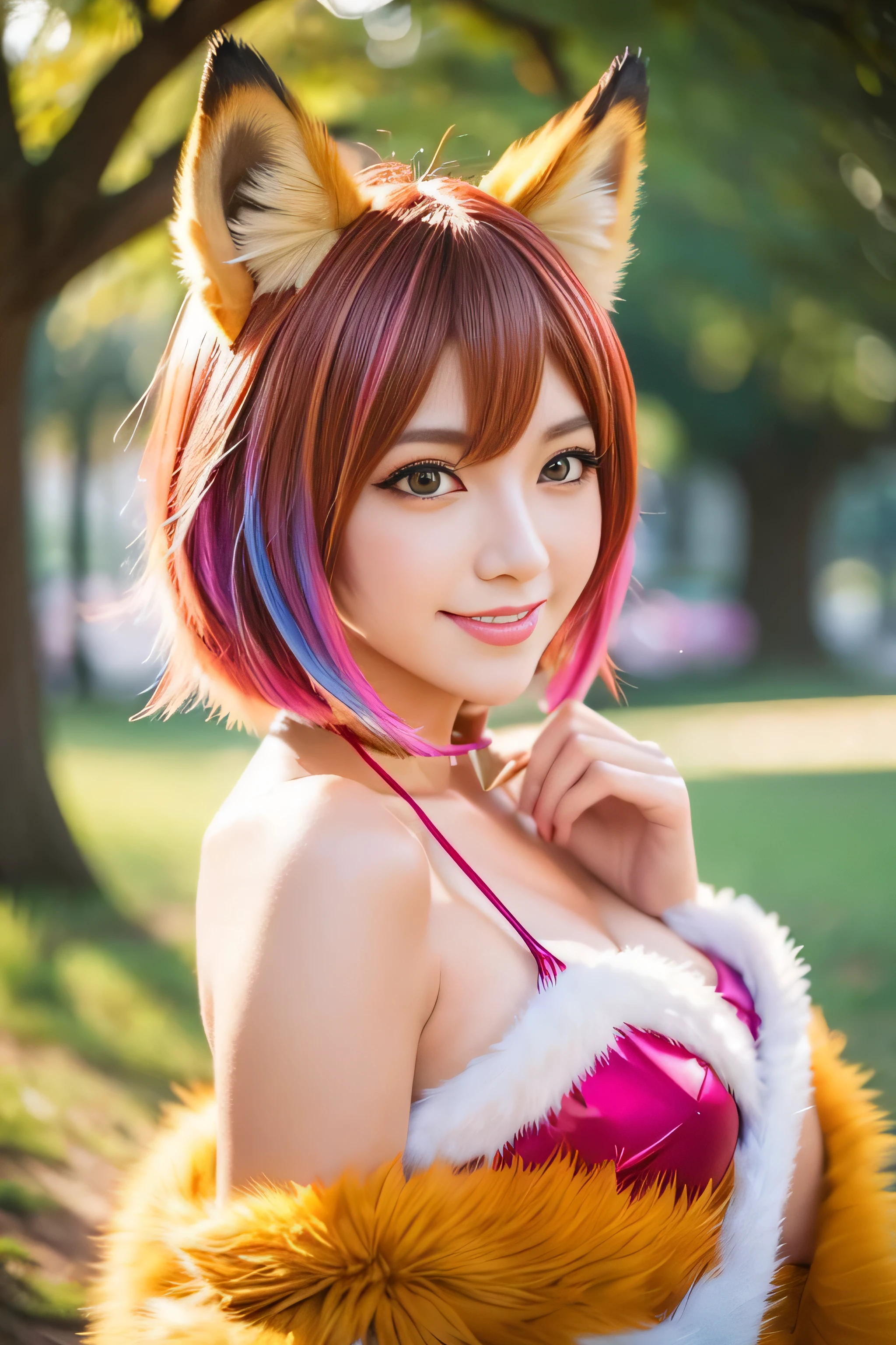 sexy golden princess, (-anime), only 1 female, very short hair, Beautiful smile, lipgloss, long eyelashes, defined eyebrows, detailed anime fox cosplay, fluffy fur vivid colors fox outfit, fox cosplay accessories, fox ears, vivid colors, Look at the camera, cinematic light, large park background with trees., sweet and sexy pose