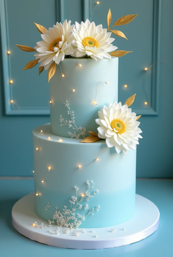 make me a powdered blue vintage design 4 tier cake the bottom tier is 10x6 2nd tier is 8x6 3rd tier is acrylic hexagon shape with fairy lights and the top tier has 3 large white edible dhalia flowers with gold leaves