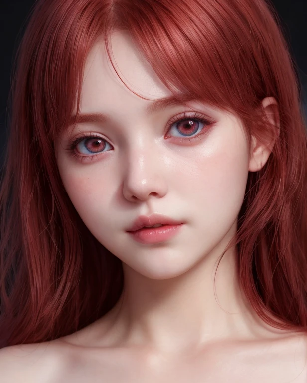 1girl, star eye, blush, perfect illumination, red hair, red eyes, unreal engine, sidelighting, detailed face, bangs, bright skin, simple background, dark background,