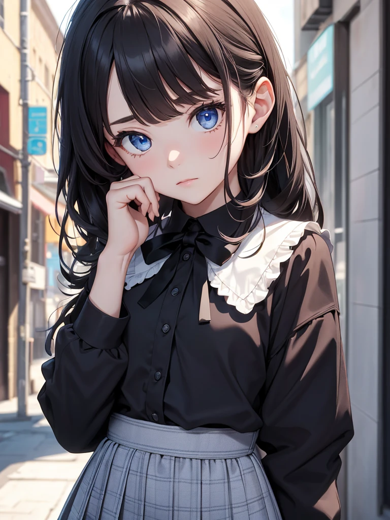 (8K, Best Quality, Masterpiece, Ultra High Resolution) Single Person, 1 Girl, Child, Young, Cute Eyes, Face Details, Pale Skin, Slender, Short, Flat Chest, Dark Black Hair, Long Hair, Braided Hair, Blue Eyes, School Outfit, Blouse, Plaid Skirt, Hair Bow, Standing Outside, Best Quality, Upper Body, Looking at the Viewer, Facing Viewer, Close Up