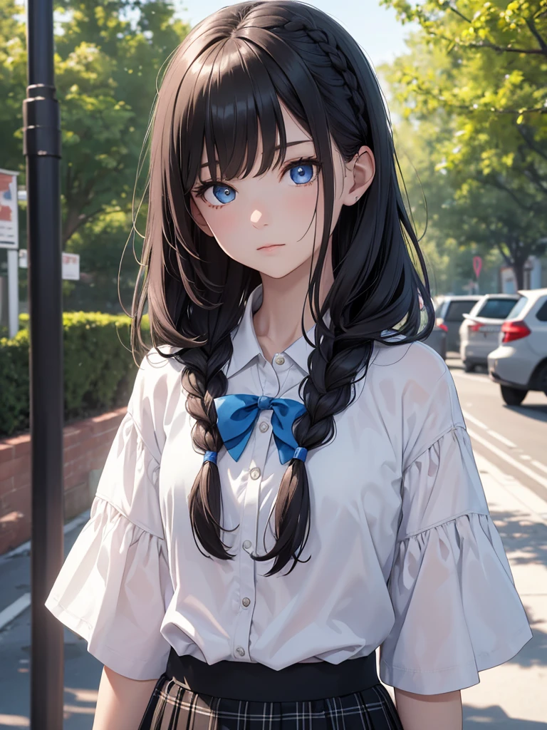 (8K, Best Quality, Masterpiece, Ultra High Resolution) Single Person, 1 Girl, Child, Young, Cute Eyes, Face Details, Pale Skin, Slender, Short, Flat Chest, Dark Black Hair, Long Hair, Braided Hair, Blue Eyes, School Outfit, Blouse, Plaid Skirt, Hair Bow, Standing Outside, Best Quality, Upper Body, Looking at the Viewer, Facing Viewer, Close Up