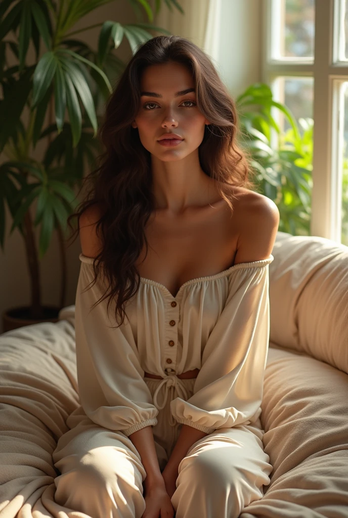 (photorealism:1.2), beautiful woman, sitting on bed, wearing loose off-shoulder top, pajama pants, long curly hair, indoors, soft lighting, plants in background, window with sunlight, cozy room, relaxed pose, realistic, intricate details, warm colors, by Greg Rutkowski, by Alphonse Mucha