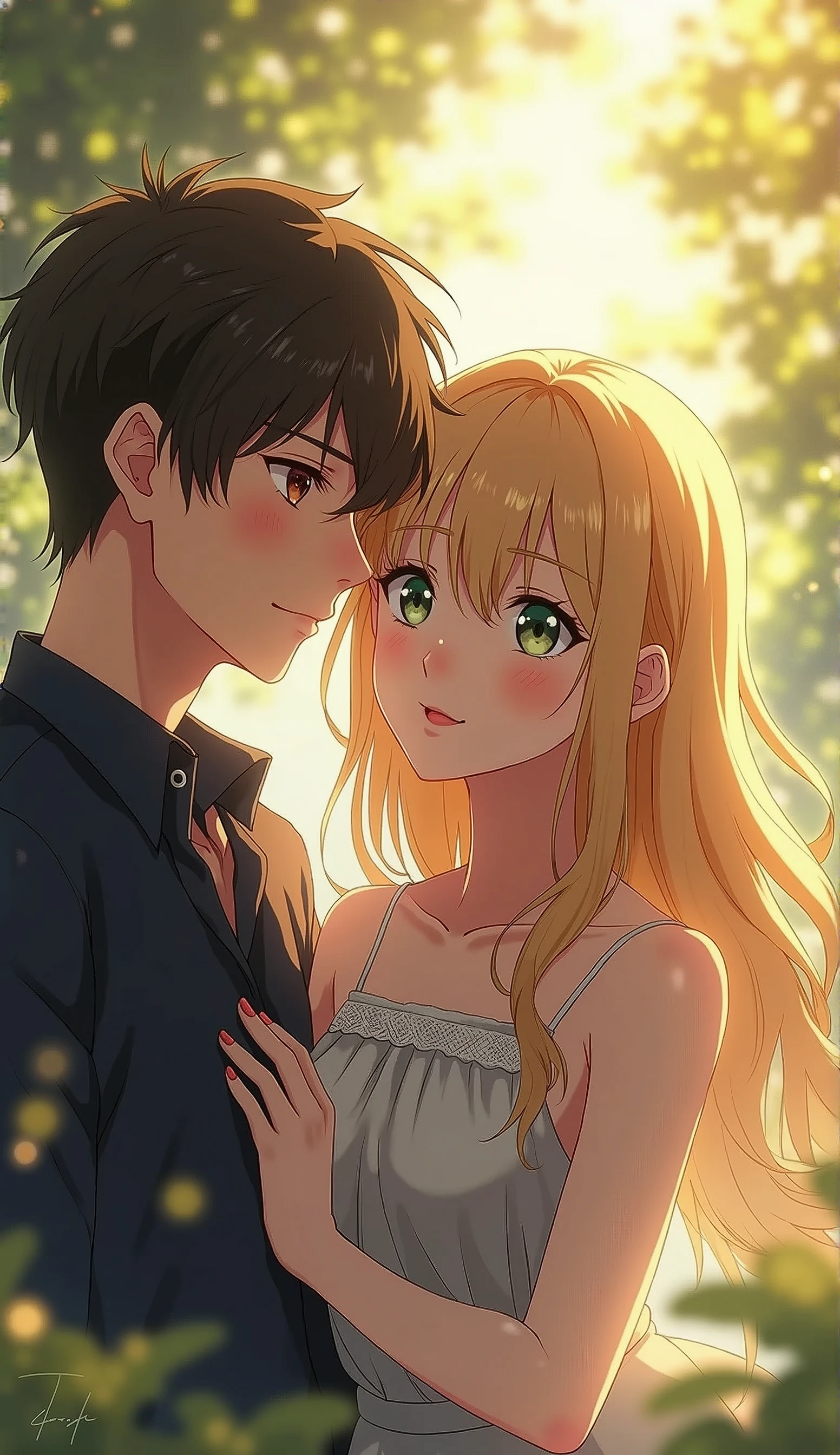2.5D Masterpiece anime. A guy and a girl, both adults. The girl has long straight blonde hair and green eyes. The guy has short black hair and brown eyes. Looking at viewer.