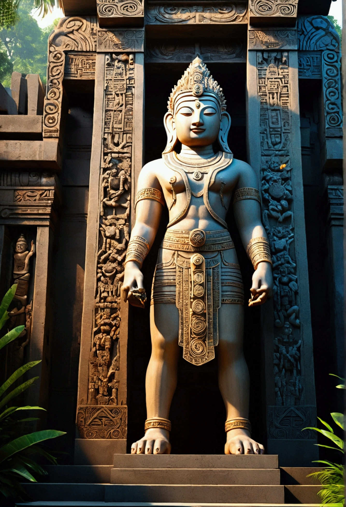 (Giant Weapon), An ancient statue, holding a huge weapon, quietly guards the entrance of a lost temple. This weapon is forged from unknown metal and engraved with complex patterns and pictographic characters. The surrounding environment is lush jungle and mysterious stone pillars, giving people a feeling of traveling through time and space, as if this statue has been guarding this place for thousands of years. Beautiful cinematic lighting, surreal, RAW photo, color graded, dynamic movement, captivating chiaroscuro, (special effects:0.1), full body, award-winning, cinematic still, emotional, vignette, dynamic, vivid, (masterpiece, best quality, photorealistic, Professional, perfect composition, very aesthetic, absurdres, ultra-detailed, intricate details:1.3)