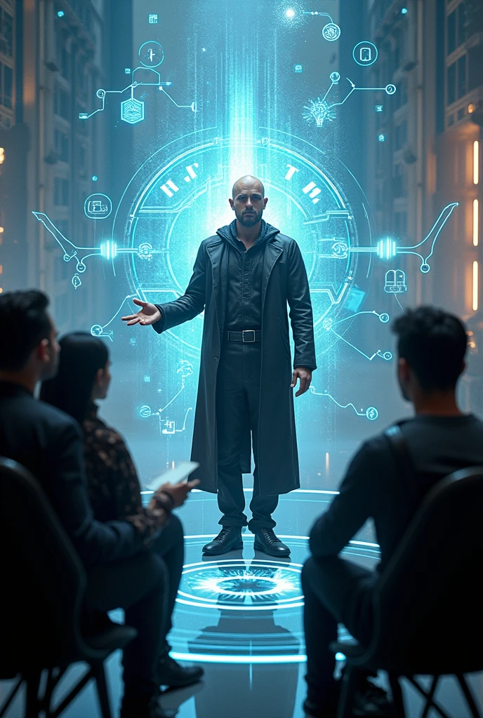 An image representing a man teaching multiple people how to become writers in 90 days. Technological and magician archetypes can be used. futuristic vision.