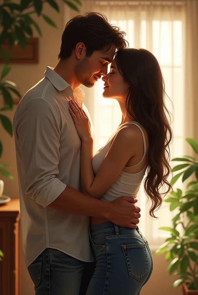 A man is hugging a slim brunette woman wearing jeans and a white shirt. He is talking to her with his hands caressing her face.