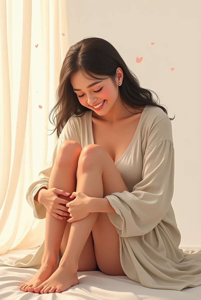 40-year-old woman touching her legs very happily