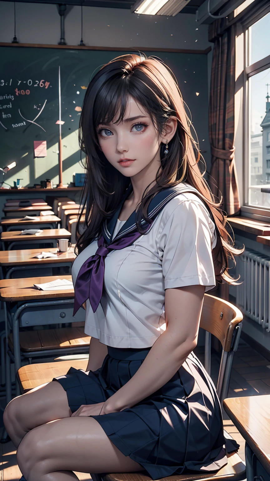 A young woman, 18 years old, with long purple hair, wearing a sailor uniform, sitting in a classroom (School 1.5 in the background) (Serious expression, Cold 1.5) (Highest quality: 1.1) (masterpiece: 1.3) with an unparalleled masterpiece, Surreal 8K, Perfect artwork, Super Detail, Highest quality, masterpiece 4K wallpaper aesthetics, masterpiece, Award-winning works, Official Art, Cinema Lighting