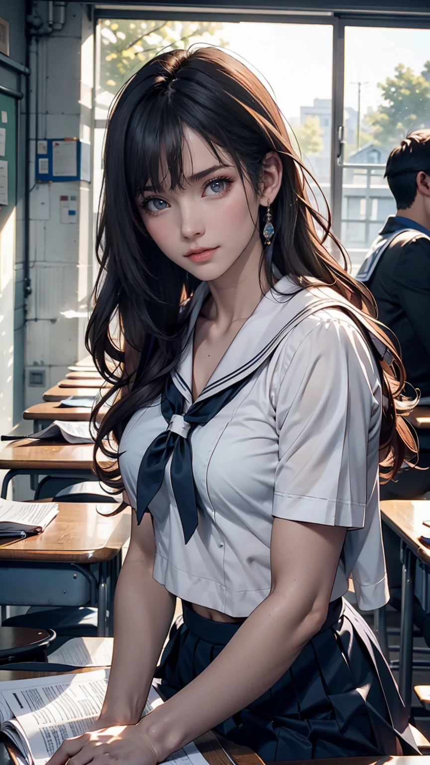 A young woman, 18 years old, with long purple hair, wearing a sailor uniform, sitting in a classroom (School 1.5 in the background) (Serious expression, Cold 1.5) (Highest quality: 1.1) (masterpiece: 1.3) with an unparalleled masterpiece, Surreal 8K, Perfect artwork, Super Detail, Highest quality, masterpiece 4K wallpaper aesthetics, masterpiece, Award-winning works, Official Art, Cinema Lighting