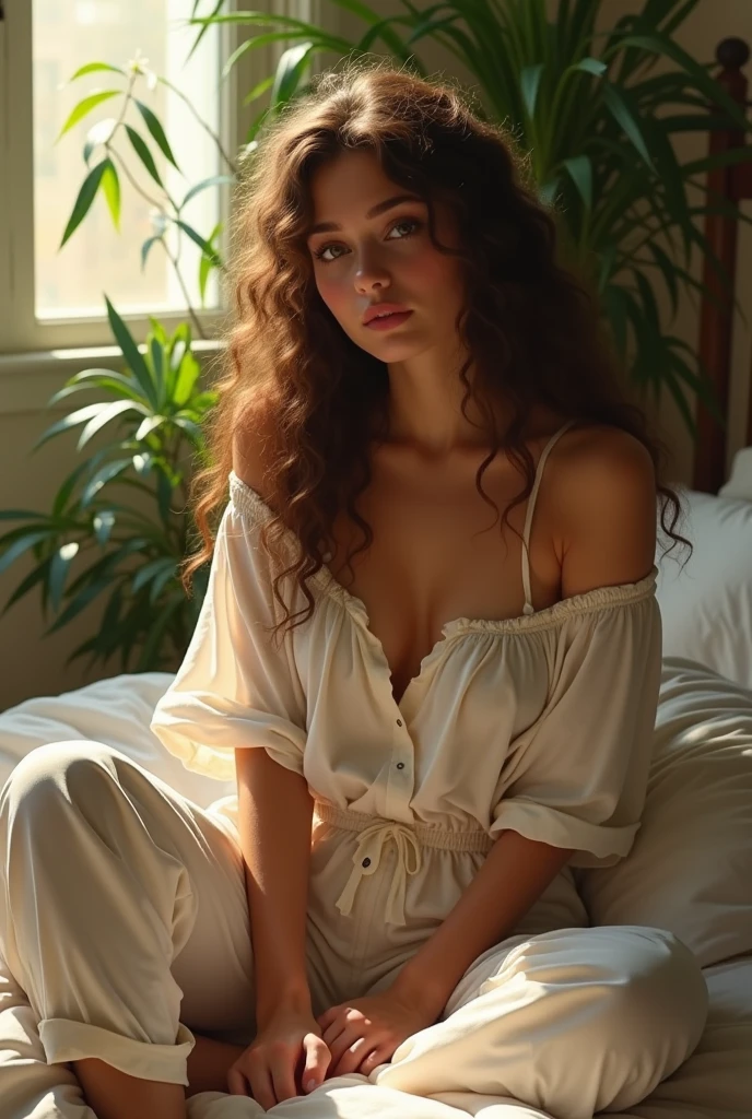 (photorealism:1.2), beautiful woman, sitting on bed, wearing loose off-shoulder top, pajama pants, long curly hair, indoors, soft lighting, plants in background, window with sunlight, cozy room, relaxed pose, realistic, intricate details, warm colors, by Greg Rutkowski, by Alphonse Mucha