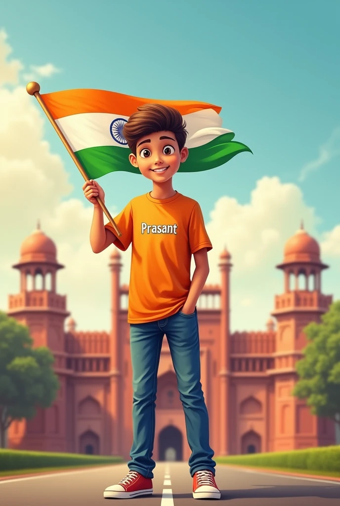 A real 20 years old boy, Wearing Orange T shirt blue jeans sneakers and the name “prasant” is written on his t-shirt and the boy is standing on the road with holding a national flag of India, and behind him is the Red Fort Delhi. And written on sky “Independence Day” Create Realistic image high quality