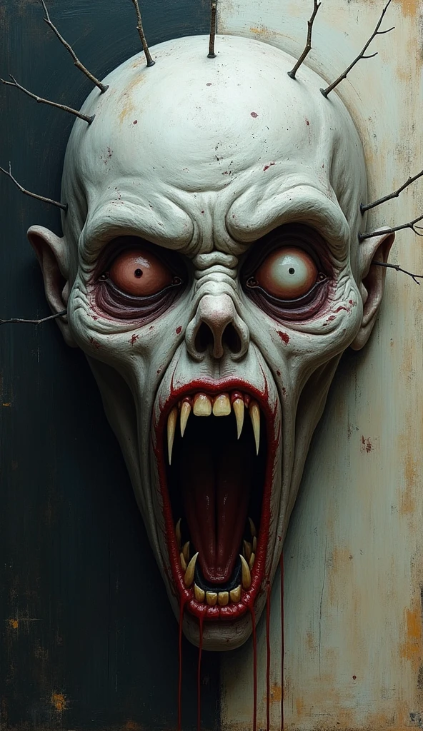 horrorpaper 3d face of terror by Greg Simkins and by Gerald Brom, signed "amf101fma", tilted horizon , Abstract Expressionism but extremely beautiful,smooth crisp (intricate details, masterpiece, best quality ,Abstract Expressionism art, High contrast, minimalistic, colorful, stark, dramatic, look at me, dynamic pose, in the style of nicola samori, looking at viewer, tri-x xray film