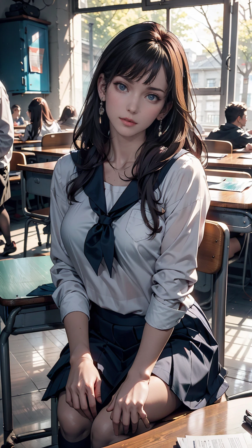 A young woman, 18 years old, with long purple hair, wearing a sailor uniform, sitting in a classroom (School 1.5 in the background) (Serious expression, Cold 1.5) (Highest quality: 1.1) (masterpiece: 1.3) with an unparalleled masterpiece, Surreal 8K, Perfect artwork, Super Detail, Highest quality, masterpiece 4K wallpaper aesthetics, masterpiece, Award-winning works, Official Art, Cinema Lighting