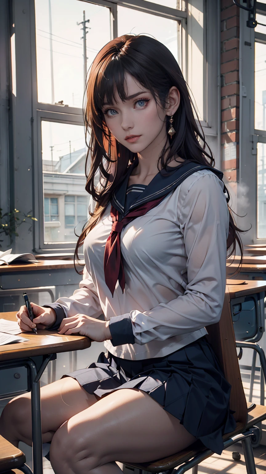 A young woman, 18 years old, with long purple hair, wearing a sailor uniform, sitting in a classroom (School 1.5 in the background) (Serious expression, Cold 1.5) (Highest quality: 1.1) (masterpiece: 1.3) with an unparalleled masterpiece, Surreal 8K, Perfect artwork, Super Detail, Highest quality, masterpiece 4K wallpaper aesthetics, masterpiece, Award-winning works, Official Art, Cinema Lighting