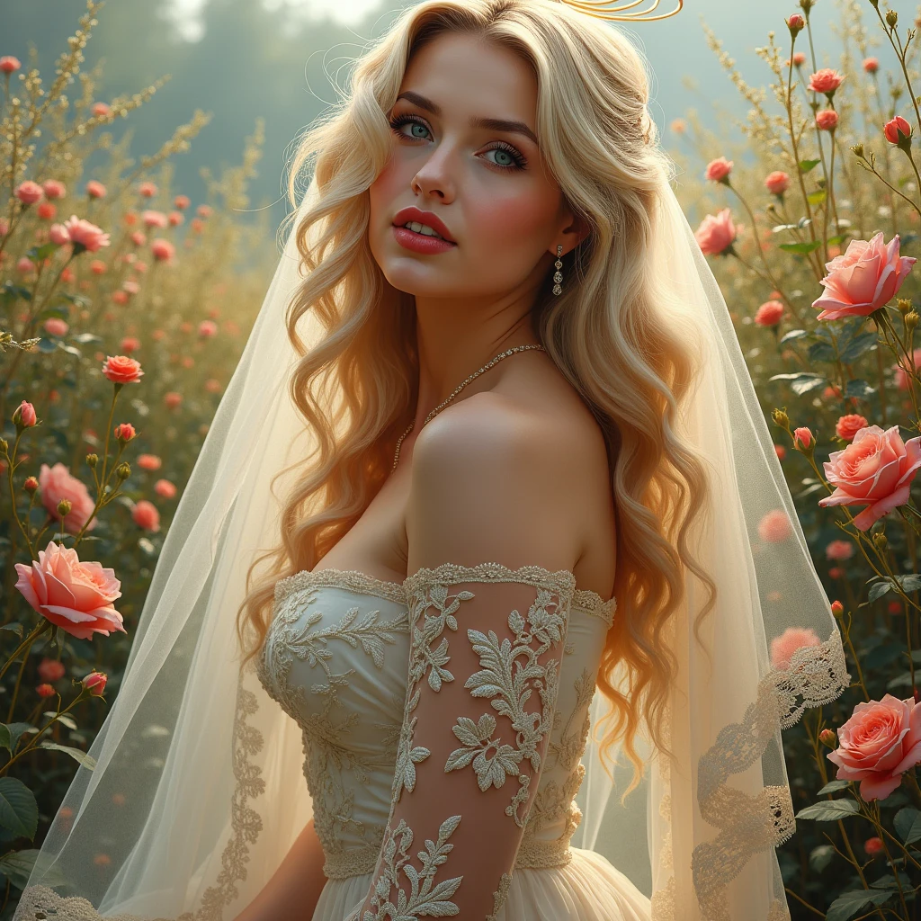 (photorealism:1.2), beautiful woman, (The best quality,High Resolutions,masterpiece:1.2),ultra detailed, realism,portrait,Conceptual artists,Large scale painting,heavy brush strokes,bright colors,fluent,soft lighting,Implicit movement,Curvy woman,cascading blonde hair,piercing blue eyes,delicious red lips,golden halo-like veil,elaborate lace embroidered veil,vestido de seda fluenta,cinched waist,exquisite embroidery,Detailed lace patterns,showing feminine curves,Safe posture,Vibrant background,Lovely garden setting,colorful floral flowers,High grass,Floating rose petals,romantic atmosphere