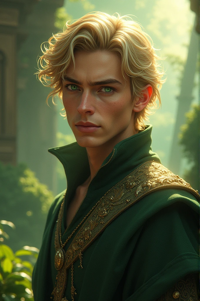 Male,twenties, emarald eyes, golden hair, healing power, brown kingdom