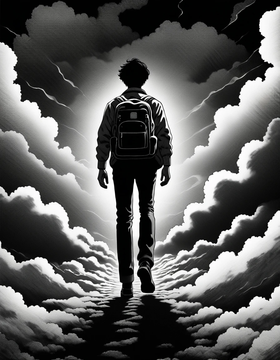 man walking on clouds, camera from behind, (anime), bizarre scenario, Junji Ito, Yusuke Murata, black and white, 8k, anime, horror, An illustration、art、80s horror movie poster, Supervised by Junji Ito、High detail, Realistic shadows、Analog Style, chromatic aberration, Surrealism、Complementary Gradient