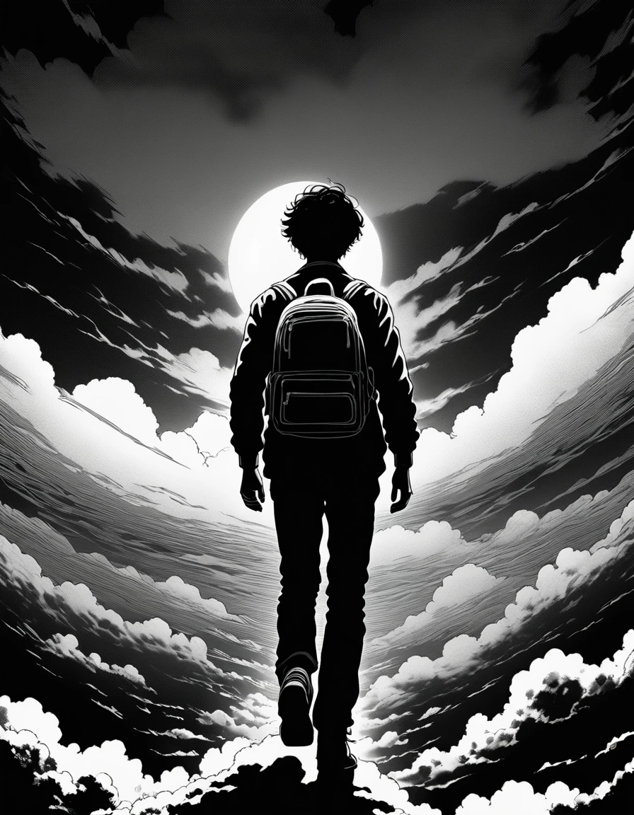 man walking on clouds, camera from behind, (anime), bizarre scenario, Junji Ito, Yusuke Murata, black and white, 8k, anime, horror, An illustration、art、80s horror movie poster, Supervised by Junji Ito、High detail, Realistic shadows、Analog Style, chromatic aberration, Surrealism、Complementary Gradient