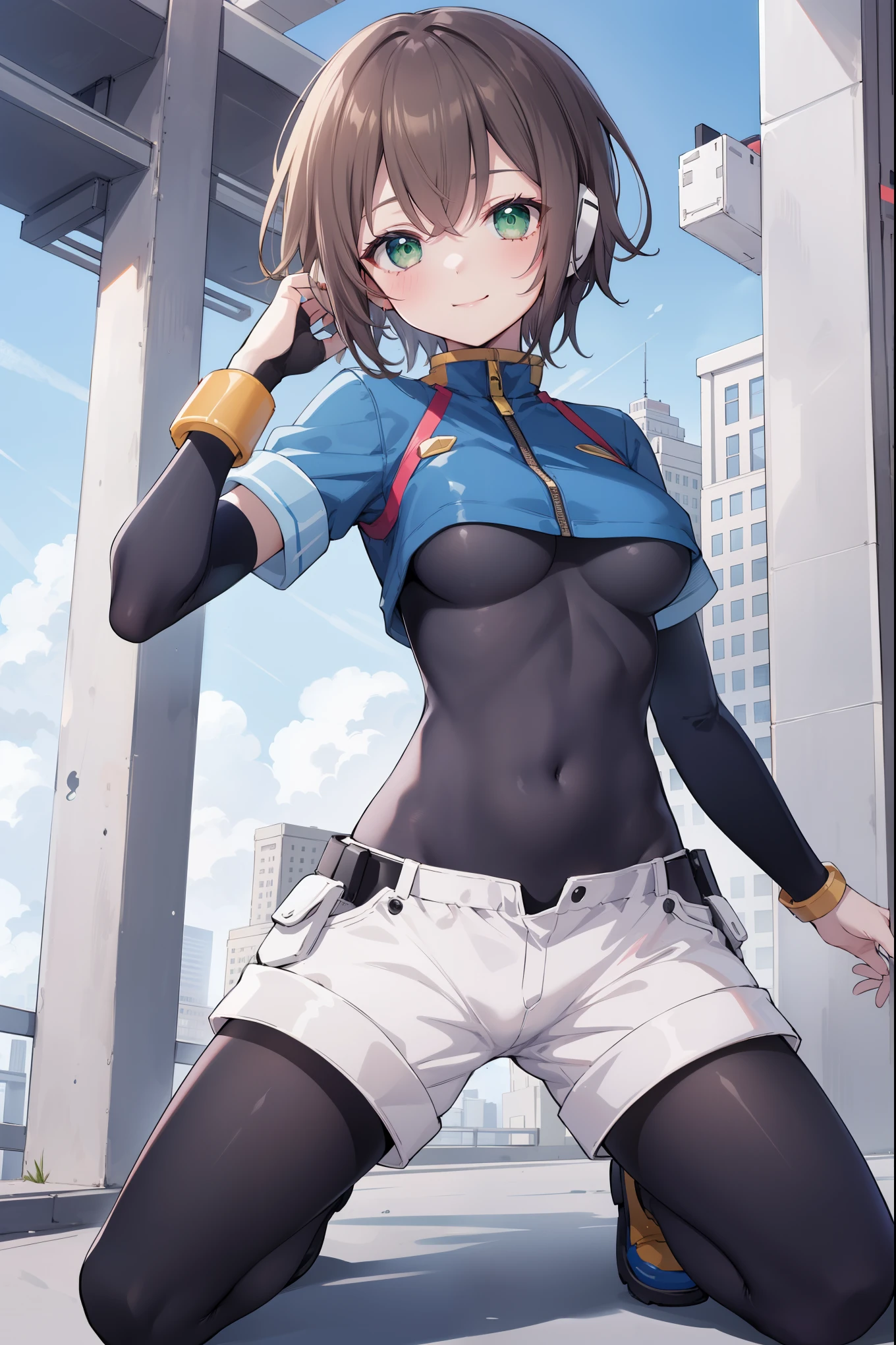 aile_megamanzx, kneeling with one hand on the ground and the other arm raised, 1girl, solo, short hair, brown hair, short sleeves, (bodysuit), robot ears, green eyes, short_shorts, short sleeves, short over long sleeves, smile, in futuristic city, , high quality, medium_breasts,crotch, slouch