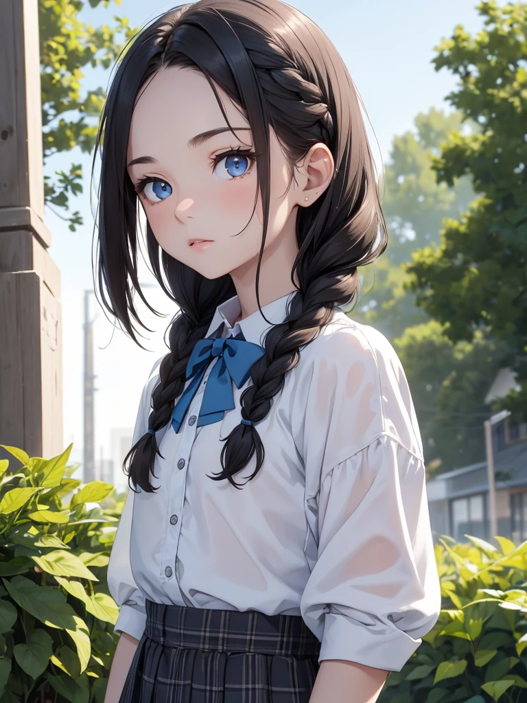 (8K, Best Quality, Masterpiece, Ultra High Resolution) Single Person, 1 Girl, Child, Young, Cute Eyes, Face Details, Pale Skin, Slender, Short, Flat Chest, Dark Black Hair, Long Hair, Braided Hair, Blue Eyes, School Outfit, Blouse, Plaid Skirt, Hair Bow, Standing Outside, Best Quality, Upper Body, Looking at the Viewer, Facing Viewer, Close Up