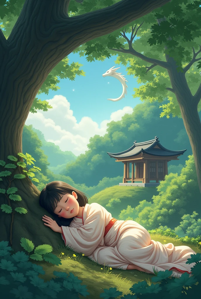 Happy sleeping girl in kimono under big tree in forest wooden japanese zen temple，There is a gentle protection from the god Eastern Starry Sky Dragon.