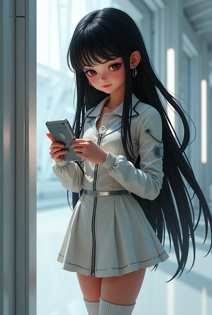 Female child with indigenous features and long dark hair wearing a tight long-sleeved blouse with metallic details and a short pleated skirt and white sneakers with high socks. Using futuristic phone and details.
