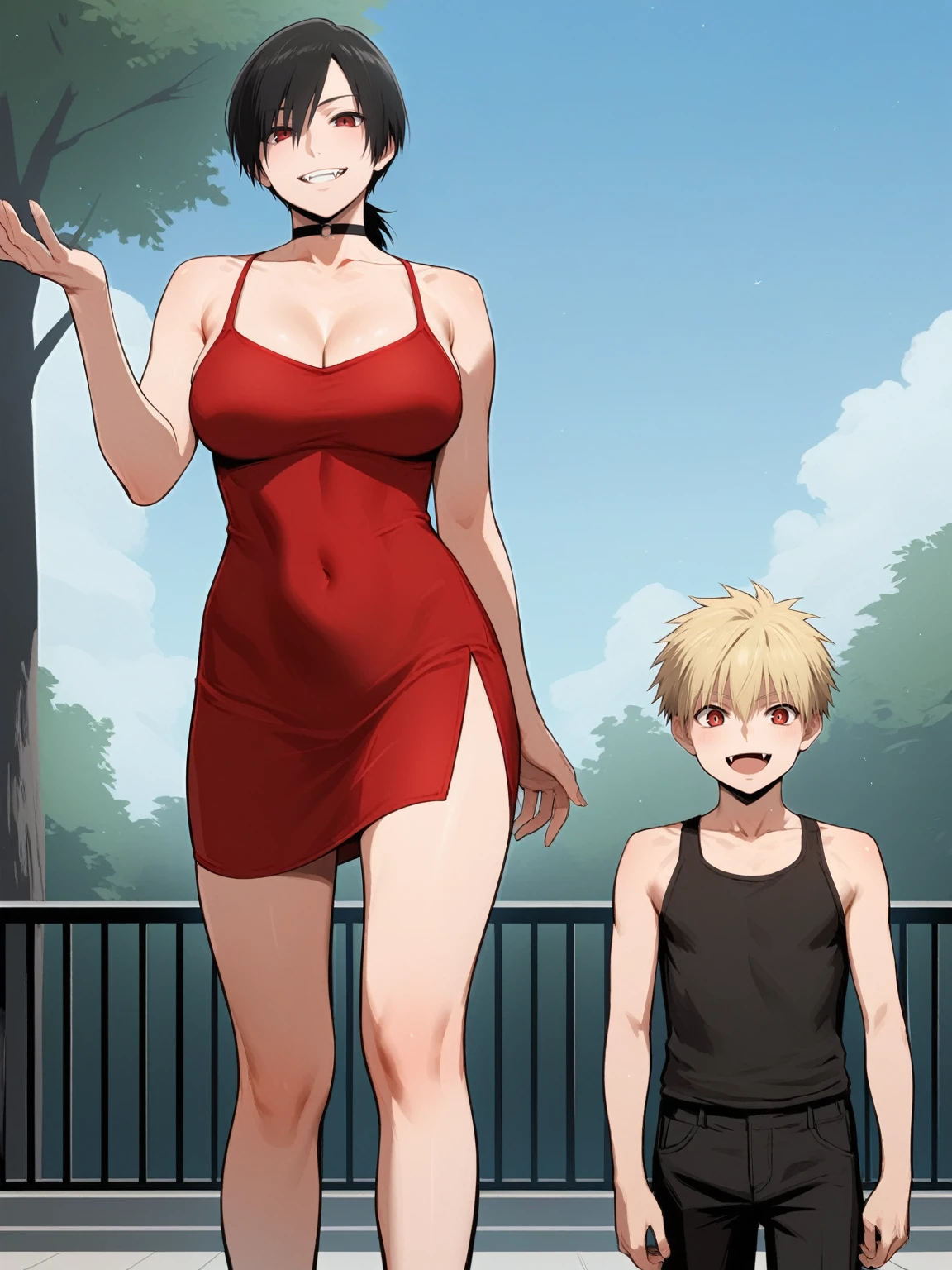 score_9, score_8_up, score_7_up,  score_6_up, source_anime, standing, hellsing, seras, blonde hair, nude, park, outdoors, sky, vampire, smirk, fangs, ikuchan, balcony, muscular male, male wearing tank top, large breasts, husband and wife, family, looking at viewer, smiling, light skinned male, standing side by side, standing, 1girl, smile, cute, happy family ((size difference)), tall male, ((worship)), ((light skinned male))), gown, dress, navel, short dress, red dress, , ((size difference)), shota, ((family)), wholesome, sfw, raing:safe, ((large male)), black haired male, solo focus, choker, solo focus, 2boys, 1girl, trio, mature male, dilf, ((portrait))