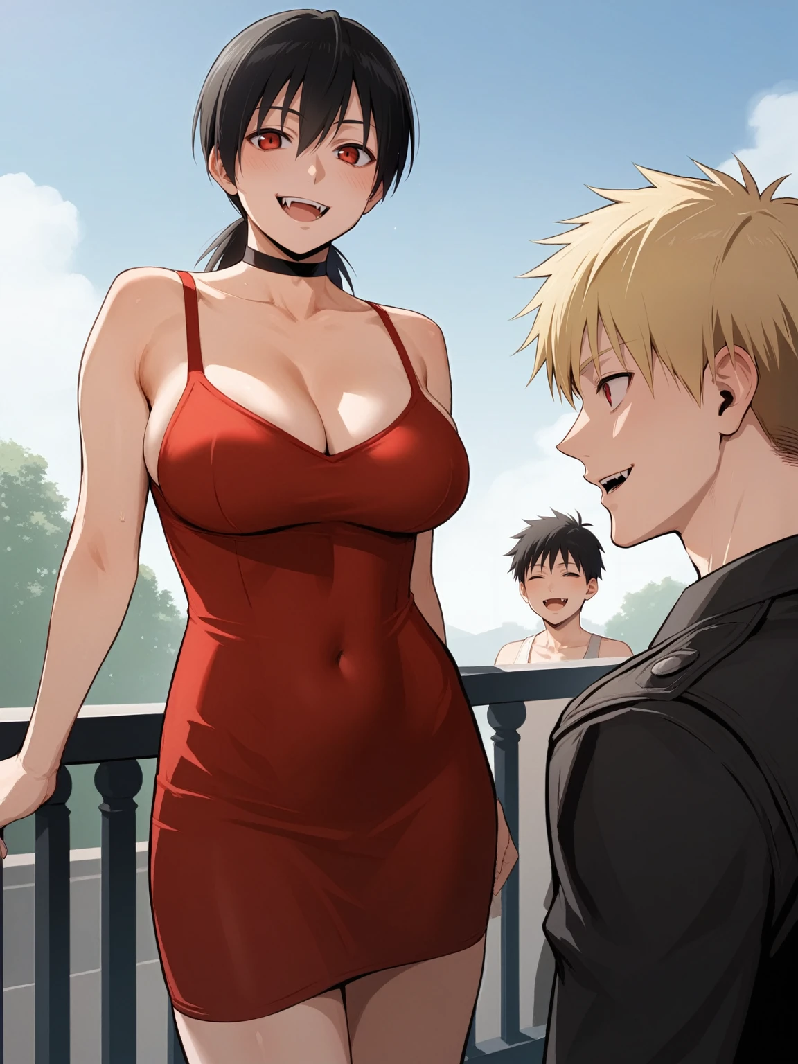 score_9, score_8_up, score_7_up,  score_6_up, source_anime, standing, hellsing, seras, blonde hair, nude, park, outdoors, sky, vampire, smirk, fangs, ikuchan, balcony, muscular male, male wearing tank top, large breasts, husband and wife, family, looking at viewer, smiling, light skinned male, standing side by side, standing, 1girl, smile, cute, happy family ((size difference)), tall male, ((worship)), ((light skinned male))), gown, dress, navel, short dress, red dress, , ((size difference)), shota, ((family)), wholesome, sfw, raing:safe, ((large male)), black haired male, solo focus, choker, solo focus, 2boys, 1girl, trio, mature male, dilf, ((portrait))