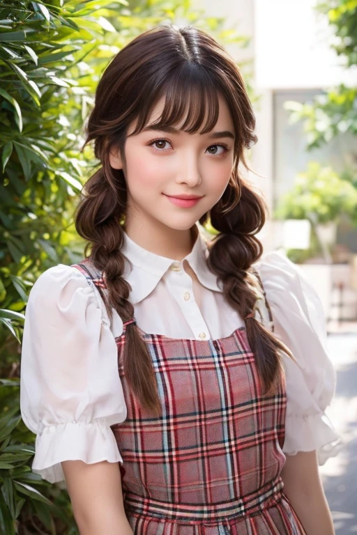 A breathtakingly beautiful and very young girl, exuding an air of innocence and charm. She is dressed in a collared shirt, adorned with checkered stripes, and a short skirt, part of a stunning ensemble. Her bangs gracefully frame her face, while twin braids, adding a touch of whimsy to her overall appearance. The girl's intricate and delicate linework, as well as her fine details, are a testament to the insane amount of attention given to every aspect of her illustration. Her iridescent brown hair is vividly colored and meticulously crafted, with whimsical patterns and enchanting scenes intertwined throughout.