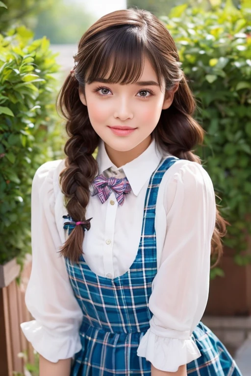 A breathtakingly beautiful and very young girl, exuding an air of innocence and charm. She is dressed in a collared shirt, adorned with checkered stripes, and a short skirt, part of a stunning ensemble. Her bangs gracefully frame her face, while twin braids, adding a touch of whimsy to her overall appearance. The girl's intricate and delicate linework, as well as her fine details, are a testament to the insane amount of attention given to every aspect of her illustration. Her iridescent brown hair is vividly colored and meticulously crafted, with whimsical patterns and enchanting scenes intertwined throughout.