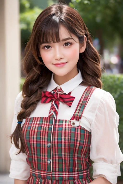 A breathtakingly beautiful and very young girl, exuding an air of innocence and charm. She is dressed in a collared shirt, adorned with checkered stripes, and a short skirt, part of a stunning ensemble. Her bangs gracefully frame her face, while twin braids, adding a touch of whimsy to her overall appearance. The girl's intricate and delicate linework, as well as her fine details, are a testament to the insane amount of attention given to every aspect of her illustration. Her iridescent brown hair is vividly colored and meticulously crafted, with whimsical patterns and enchanting scenes intertwined throughout.