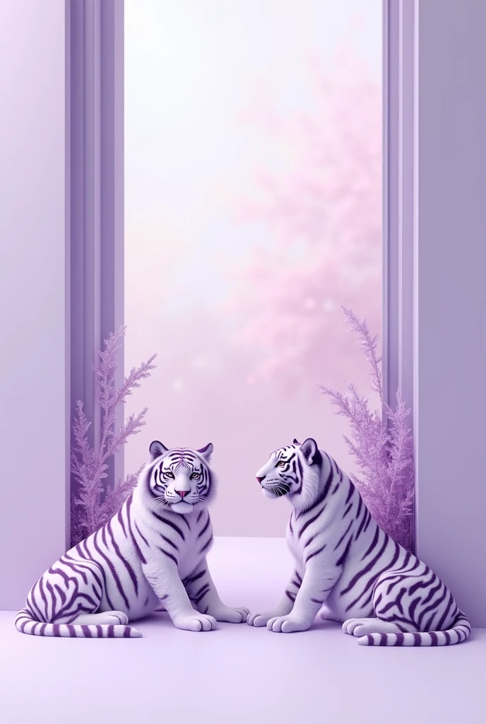 Generate a card with a light lilac background and a light purple border that has two tigers in different positions along the purple color.   