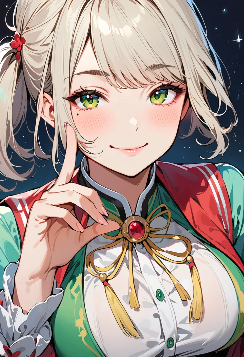 (masterpiece, best quality:1.4), 1 girl, 独奏, Star pupil, Blurred eyes, Close your left eye, Smile, Look up and down, peace gesture, Right tear mole, (Green double ponytail hairstyle:1.2), Royal sister, large breasts, Vest, Midnight starry sky background.