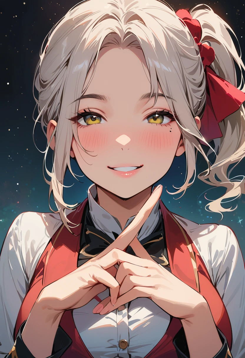 (masterpiece, best quality:1.4), 1 girl, 独奏, Star pupil, Blurred eyes, Close your left eye, Smile, Look up and down, peace gesture, Right tear mole, (Green double ponytail hairstyle:1.2),  Royal sister, large breasts, Vest, Midnight starry sky background.