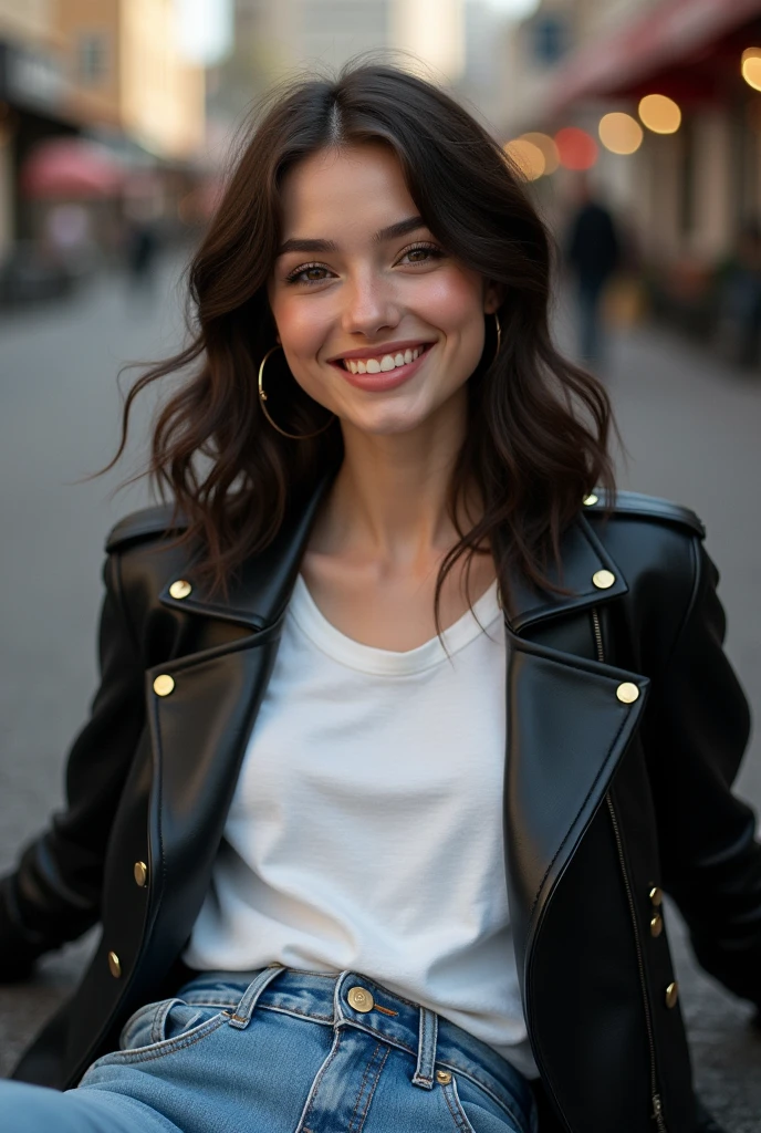 photorealistic portrait of a young woman with a warm smile, wearing a black leather jacket over a white big t-shirt, (lying on the street), jean pants. The overall mood is modern and artistic, with a touch of elegance and creativity. The image should have balanced lighting and a realistic texture.