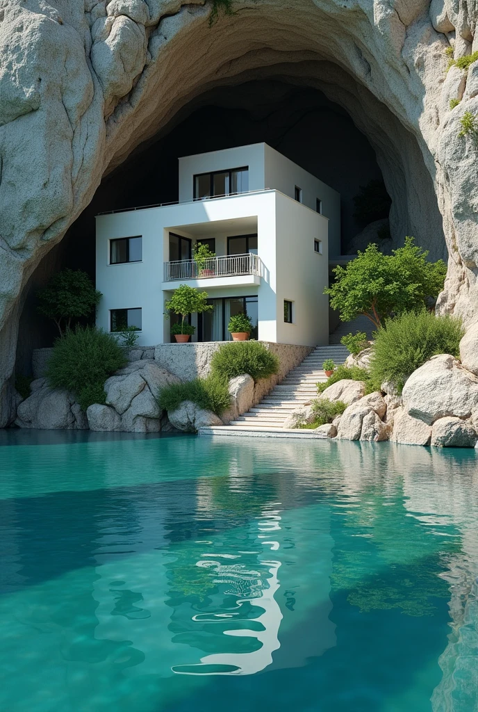 The image shows a beautiful cave-like structure with a white house inside. The cave is located on a rocky cliff overlooking a body of water, which is a beautiful turquoise color. The house is built on top of the cliff, with a balcony and a balcony railing on the second floor. The balcony is surrounded by greenery and there are stairs leading up to the entrance of the cave. The water is calm and clear, reflecting the sky and the surrounding landscape. The overall atmosphere of the image is peaceful and serene.4k realistic