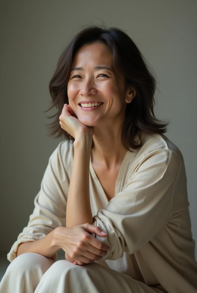 A 40-year-old woman sitting sideways touching her legs, very happy 